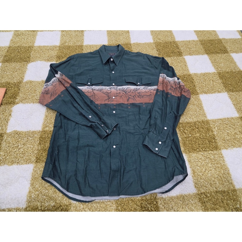 Roper Mens Western Snap Shirt Green Horse Graphic Long Sleeve Pearl Snap Large